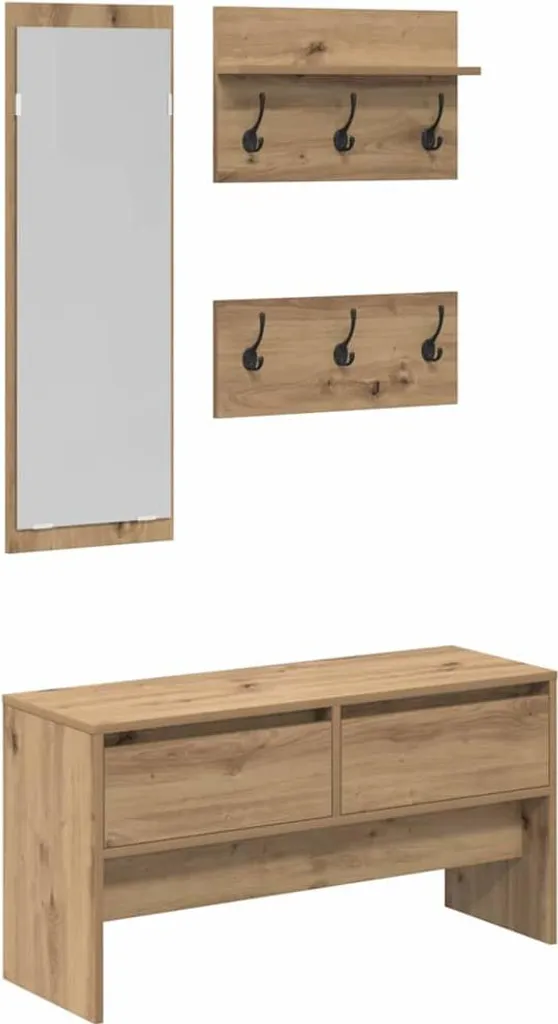 Kit Entrée 4 pièces Chêne Artisan : Meuble Rangement + Miroir + Banc