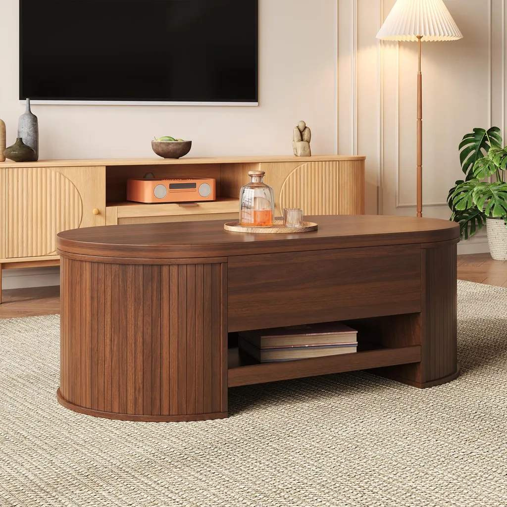Merax Table Basse Réglable en Hauteur et Extensible, Noyer et Bois Courbé