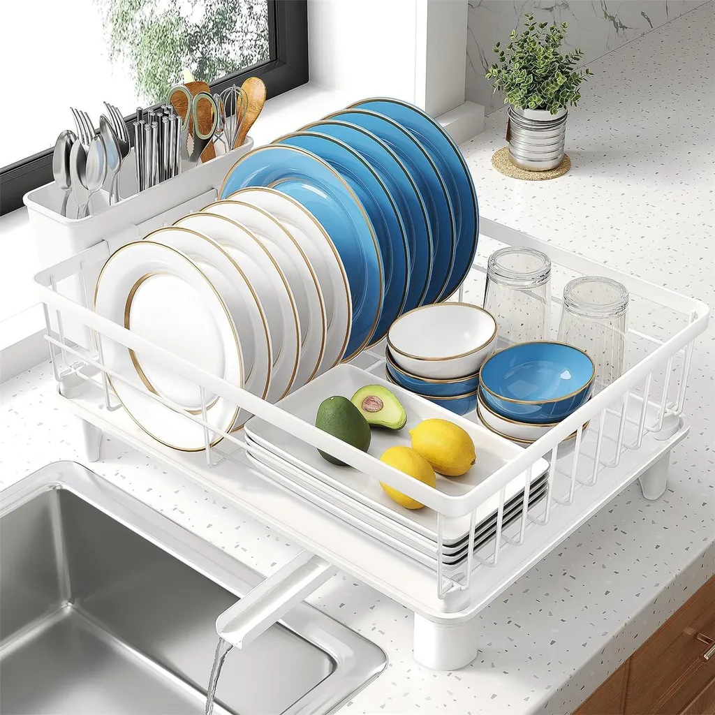 Égouttoir inox blanc antirouille avec bec verseur rotatif gain de place