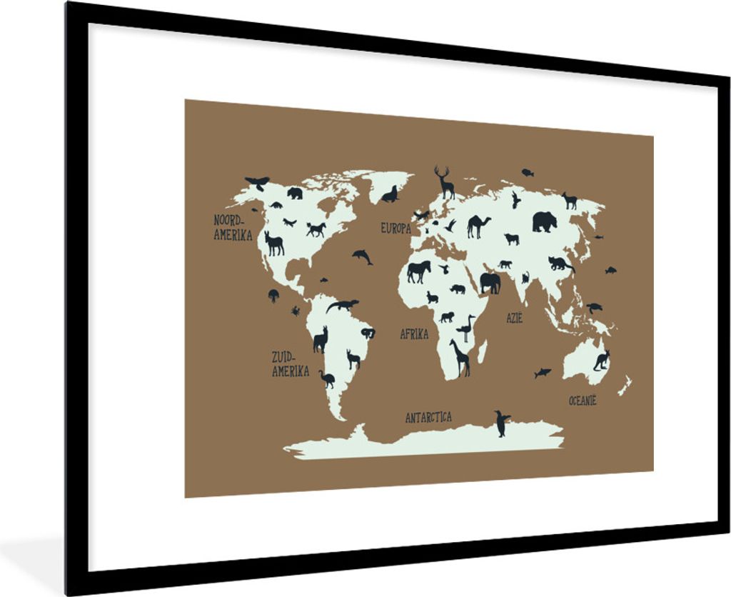 MuchoWow Gerahmtes Poster Weltkarte - Tiere - Braun 90x60 cm - Poster mit Schwarzem Bilderrahmen Wandposter Rahmen Foto Bilder - Wanddekoration -...