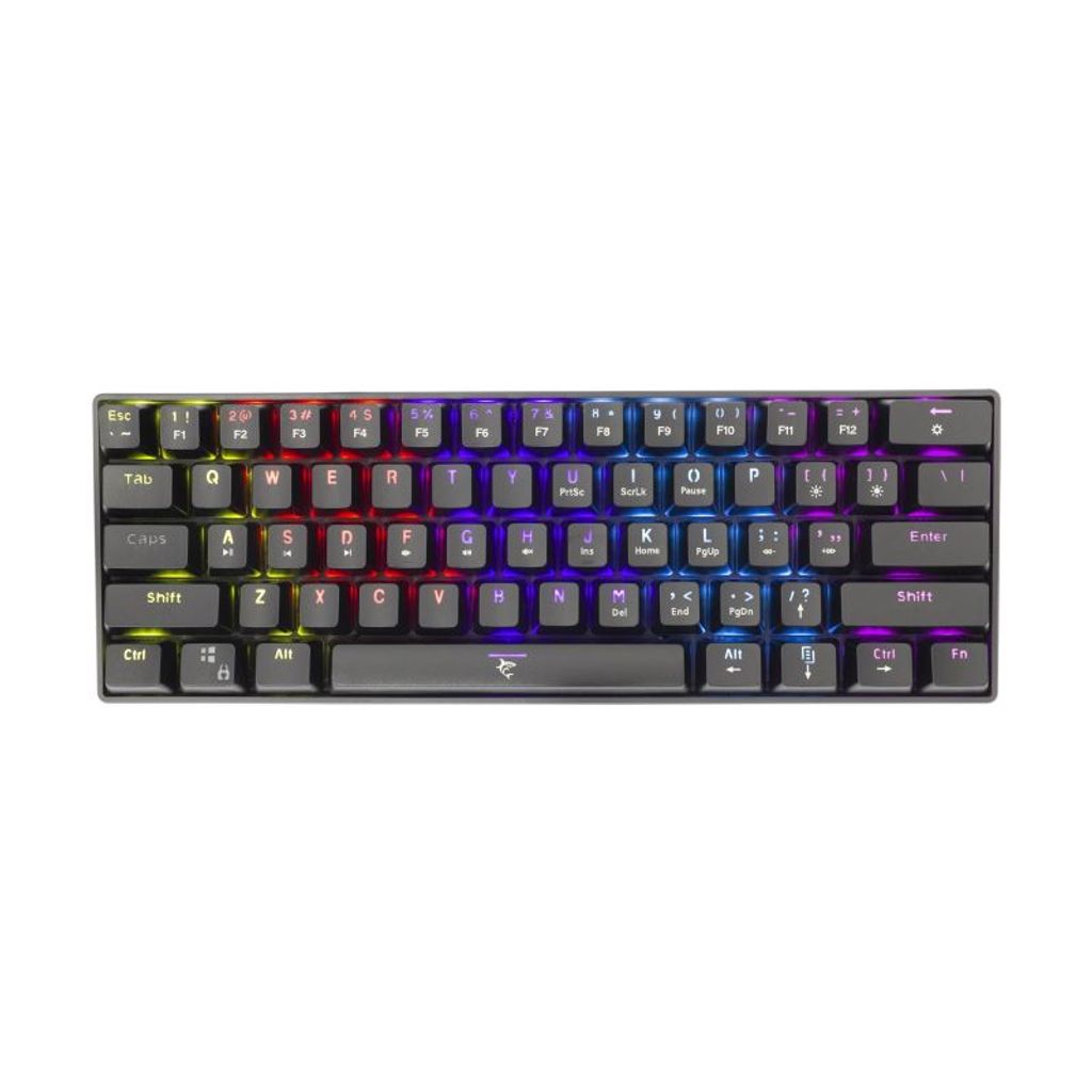 A black mechanical keyboard with RGB lighting against a white background.