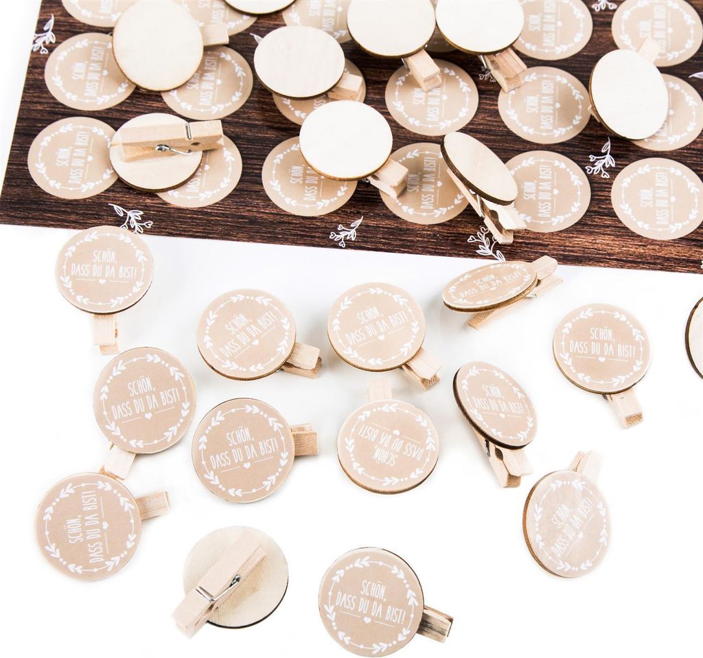 70 SCHÖN DASS DU DA BIST Klammern Aufkleber + Dekoklammer - Gastgeschenk Hochzeit DIY Vintage