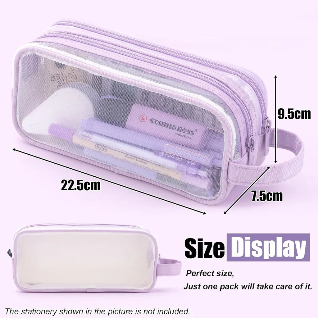 Porte-plume transparent violet grand format pour école et bureau