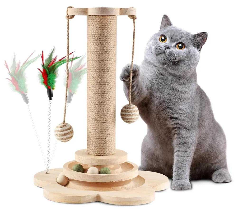 Jouet en bois pour chat : carrousel interactif et arbre à chat design