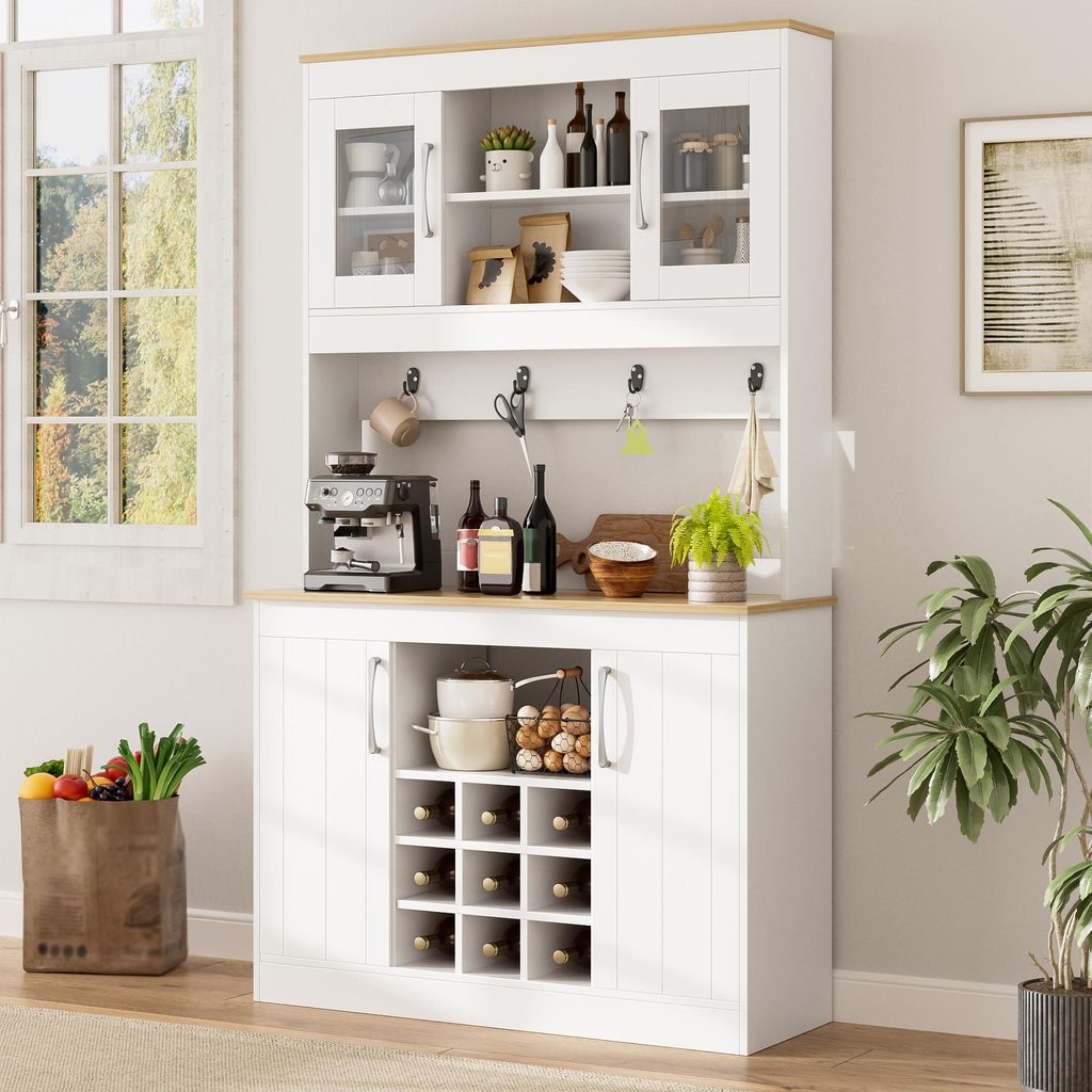 Merax Küchenbuffet mit Glastüren und Weinregal, Sideboard mit Schranktüren aus Glas, Buffetschrank Geschirrschrank mit Hakenleiste, Weiß+Natur