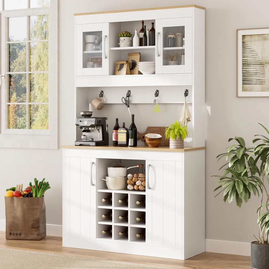 Vaisselier de cuisine bicolore Merax avec rangements vitrés et niches