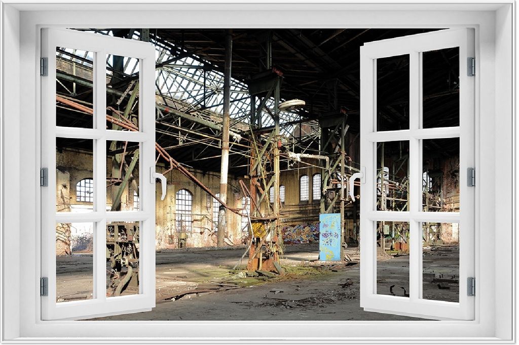 Wallario Wandbild mit Fenster-Illusion: Verlassene Industriehalle - Alte Fabrik, Größe: 61 x 91,5 cm, Poster mit weißem Aluminiumrahmen
