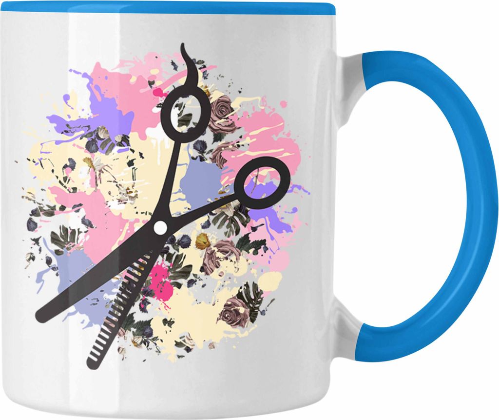 Trendation - Friseurin Tasse Geschenk Schere Grafik Frisörin Geschenkidee Geburtstag Weihnachten (Blau)