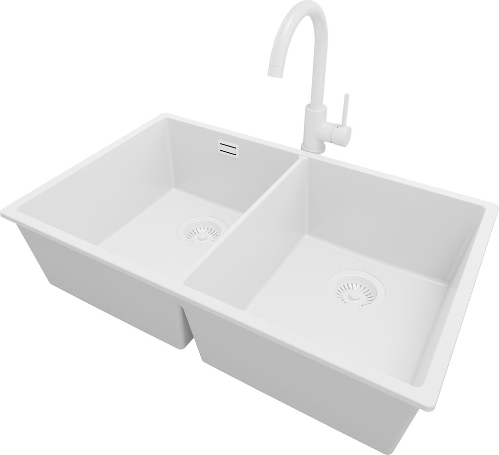 PRIMAGRAN Granitspüle Alles Weiß 76x47cm, Spülbecken 2 Becken + Küchenarmatur 32x20cm + Ablauf-Set, Küchenspüle ab 80er Unterschrank - London...