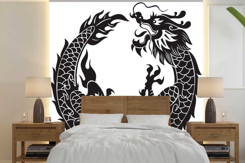 MuchoWow Fototapete für Wohnzimmer oder Schlafzimmer Wandtapete Vinyl Motivtapete Schwarz-weiß Illustration eines chinesischen Drachens - 260x2...