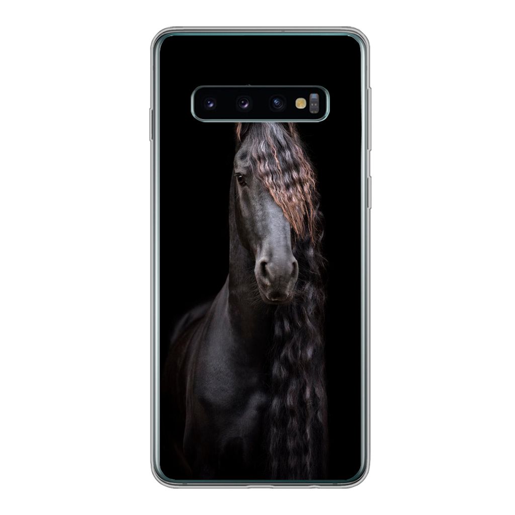 MuchoWow Handyhülle Schutzhülle Hülle für Samsung Galaxy S10 Pferde - Friesisch - Mähne - Schwarz - Tiere Silikon Softcase Handy Hülle - Ha...