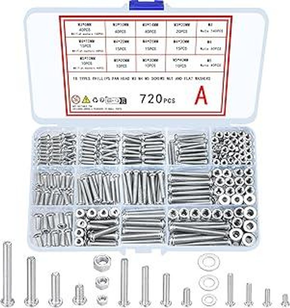 Ewwtrey 720 Stück M3 M4 M5 verzinkte Schrauben mit Muttern und Unterlegscheiben Sortiments Set, verschiedene Kreuz Flachkopf Maschinenschrauben Mu...