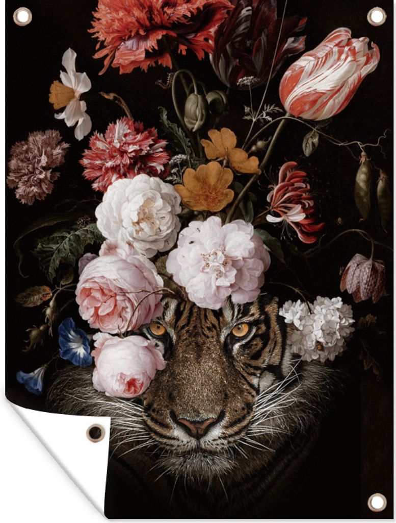 MuchoWow 90x120 cm Outdoor-Poster Gartendeko Sichtschutz Garten Poster für den Garten Tiger - Blumen - Tierkopf
