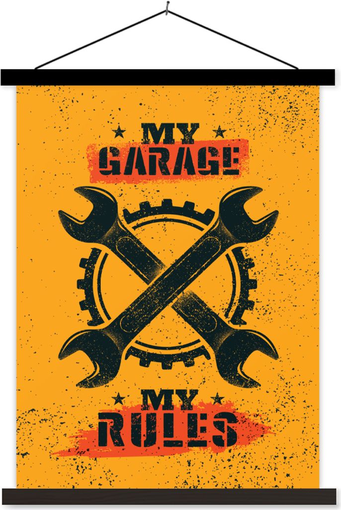MuchoWow Textilposter Mancave - Garage - Werkzeuge - Vintage 90x120 cm mit schwarzem Rahmen - Dekoration
