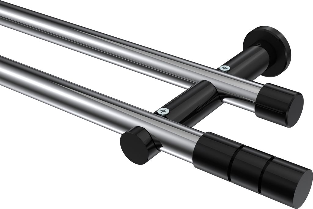 Interdeco Gardinenstange / Vorhangstange Chrom / Schwarz, Typ Platon Elanto (Rillenzylinder) ohne Ringe, 20 mm Ø 2-läufig, 420 cm