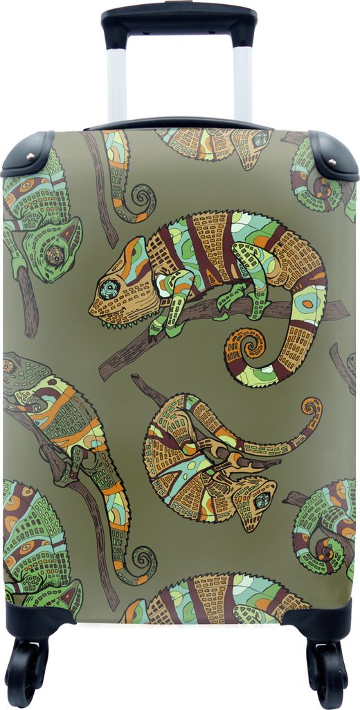 MuchoWow MuchoWow Koffer Handgepäck Trolley Rollkoffer Kleine Reisekoffer mit 4 Rollen - Muster - Dschungel - Chamäleons - Cabin Size < 55x40...