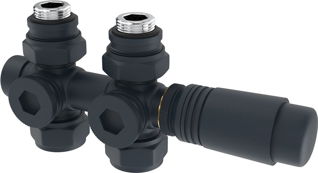 Heilmetz Multiblock Set für Heizkörper Anschlussarmatur Thermostatventil mit Thermostat 50mm Heizungszubehör Eck Durchgangsform Anthrazit Wandan...