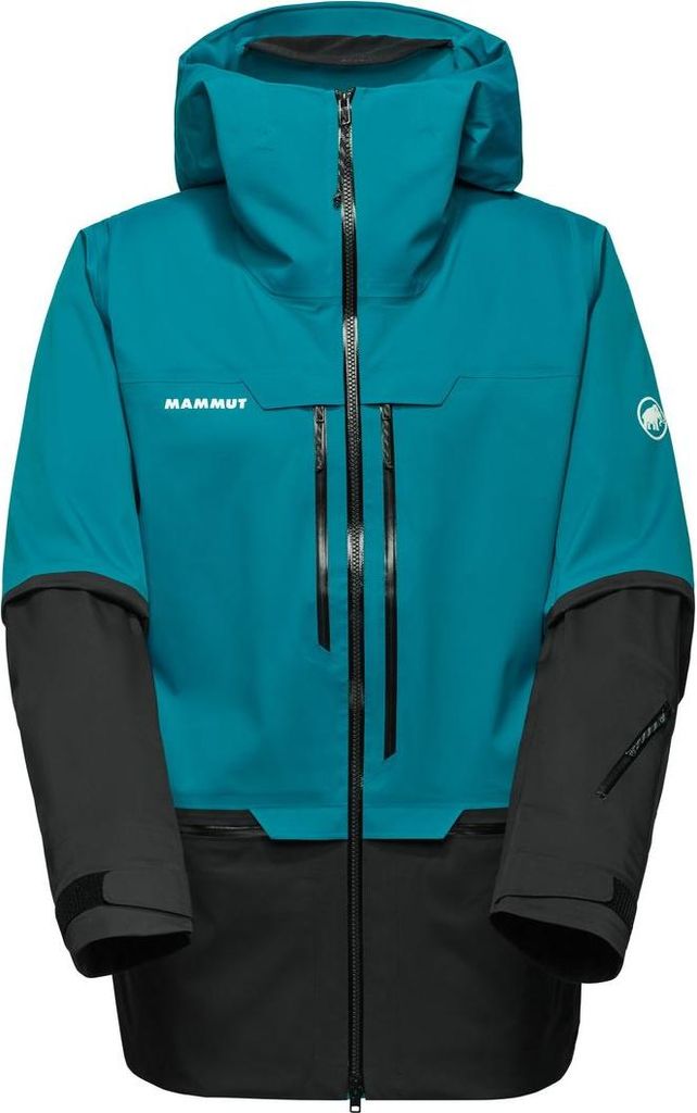 Zweifarbige Hardshelljacke mit Kapuze von Mammut in Blau und Schwarz mit Reißverschlüssen vorne und am Ärmel