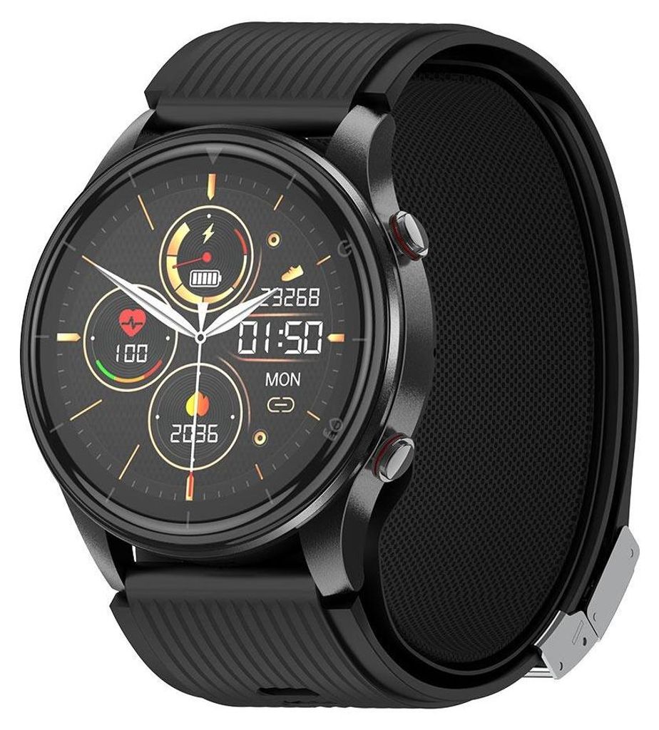A close-up, studio shot of a smartwatch on a black background.