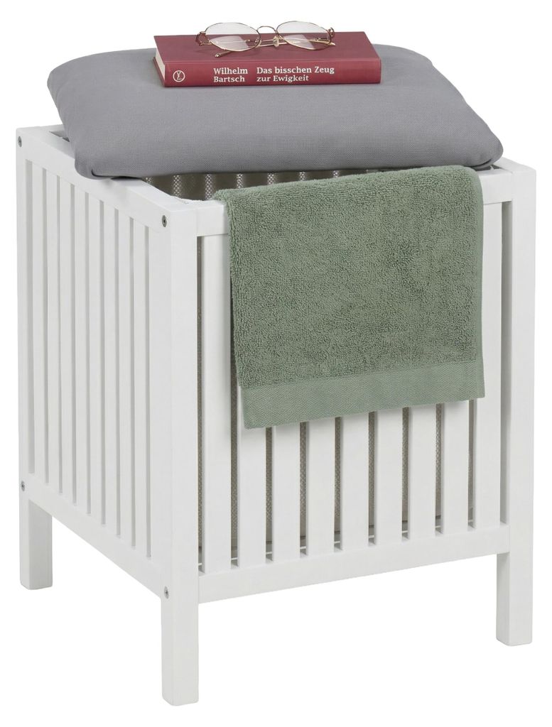 Relaxdays wasmand met zitfunctie, walnootkleur, met bekleed Productafbeelding 