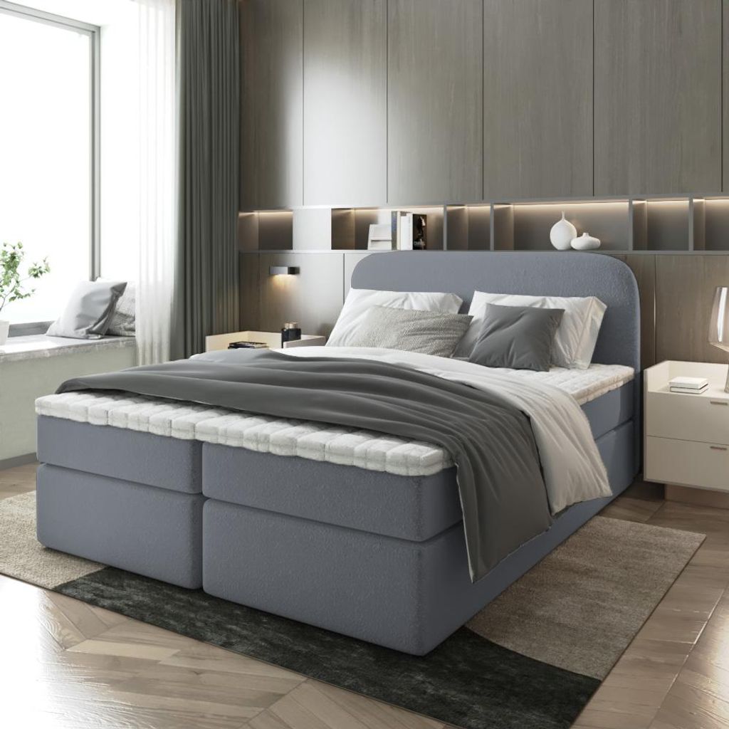 Bett Doppelbett Boxspringbett NOBI mit Bonell-Matratze Bettkästen Boucle Stoff - OHNE TOPPER ( 180x200 , DUNKELGRAU - CORAL 80)