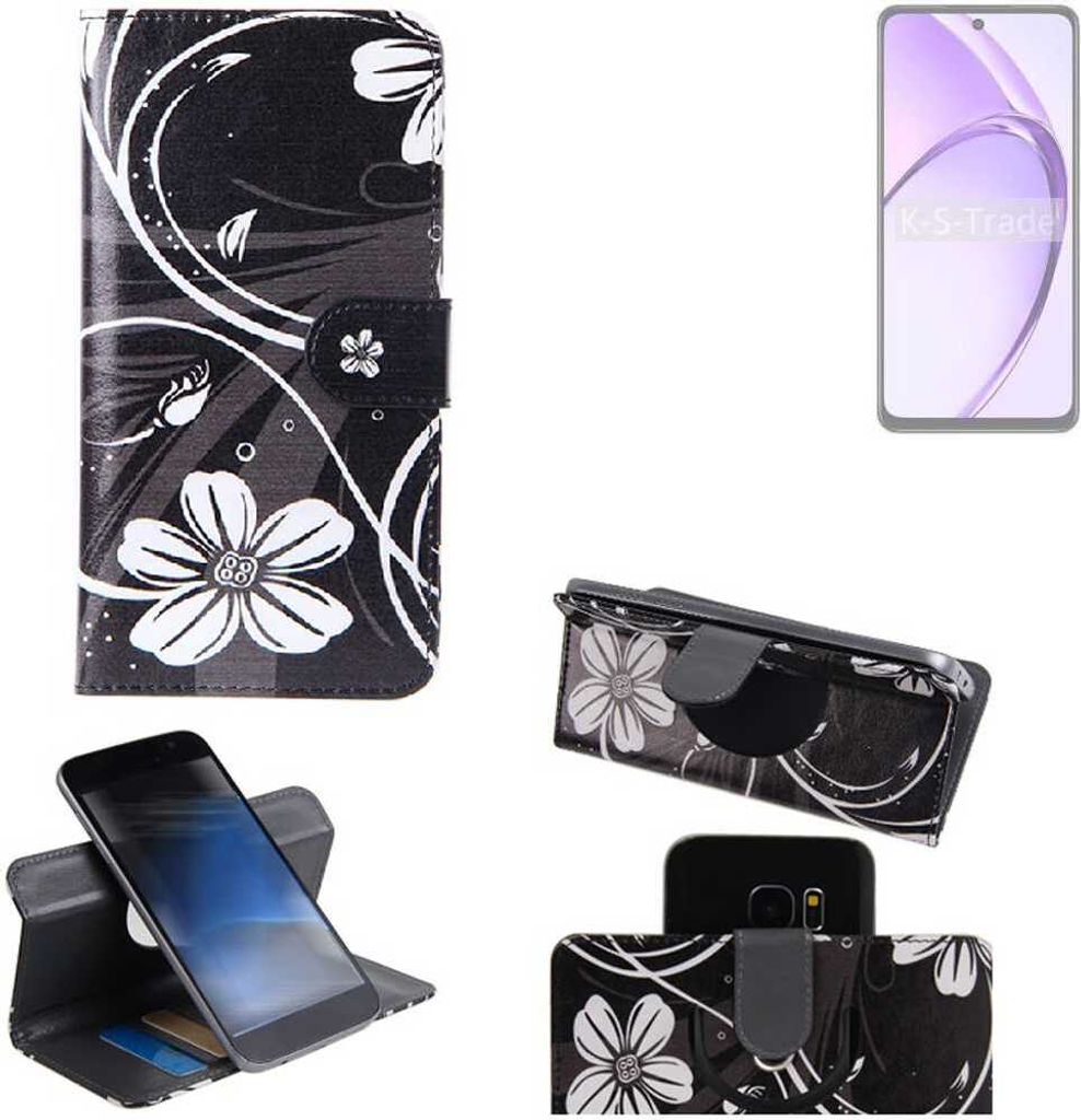 K-S-Trade Schutzhülle Handyhülle kompatibel mit Oppo A3x CPH2641 Hülle 360° Wallet Case “Flowers“ Klapphülle Hülle schwarz-weiß 1x