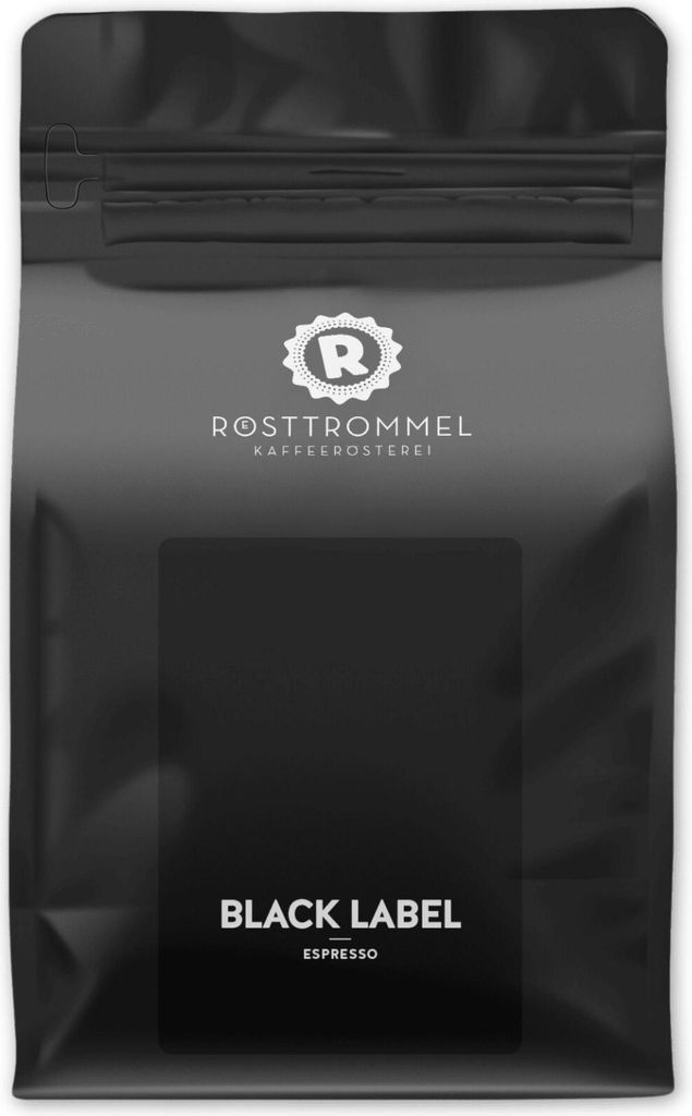 RÖSTTROMMEL BLACK LABEL - Special Blend ESPRESSO, Ganze Kaffee-Bohnen 1kg, 50% Arabica, 50% Canephora, Röstung 8.5/10, 50% Brasilien, 50% Indien,...