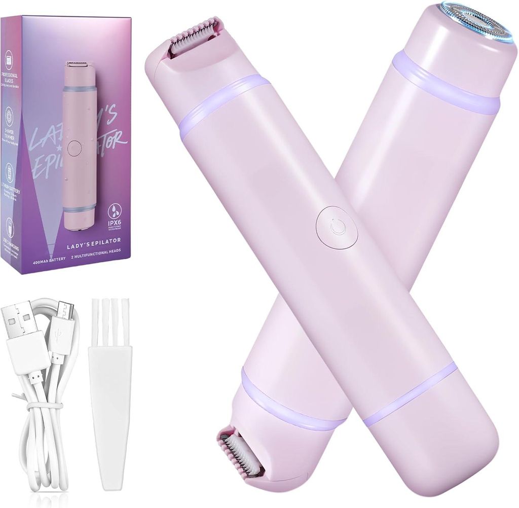 2-in-1 Elektrorasierer für Frauen, Intimrasierer & Bikini-Trimmer, IPX7 wasserdicht, schmerzfrei, USB-C, für Körper, Gesicht, Beine & Achseln Set