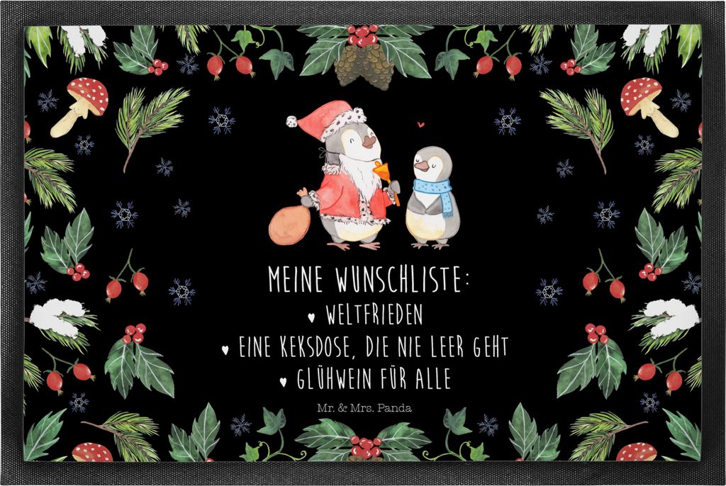 Mr. & Mrs. Panda Fußabtreter Pinguin Wunschliste 40 x 60 cm - Schwarz - Geschenk, Fussmatte, Weihnachten, fußmatte, Bodenvorleger, Schmutzmatte, ...