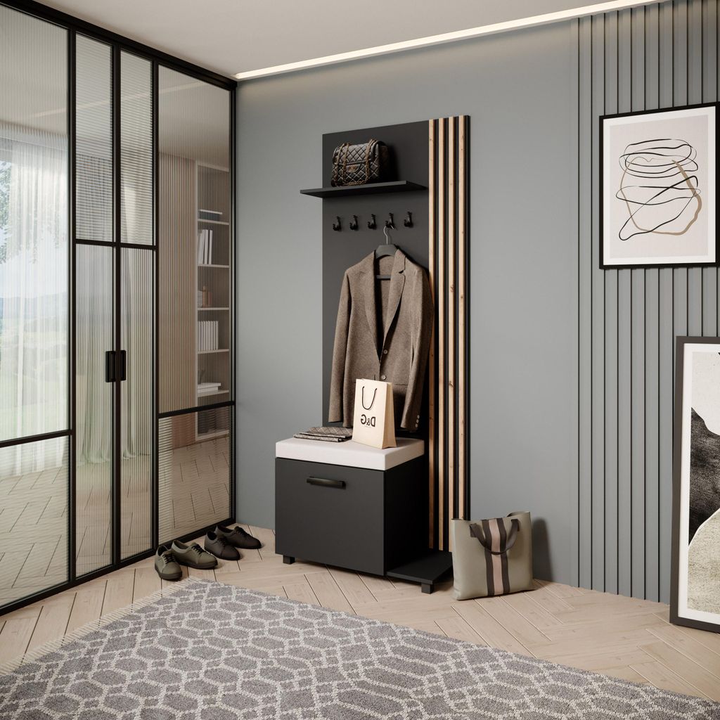 Garderobenschrank LIVIA - Hochschrank mit Aufhängern, Schuhschrank, Schwarz, Lamellen in Eiche Artisan, Sitzkissen in Hellbeige, Rechts