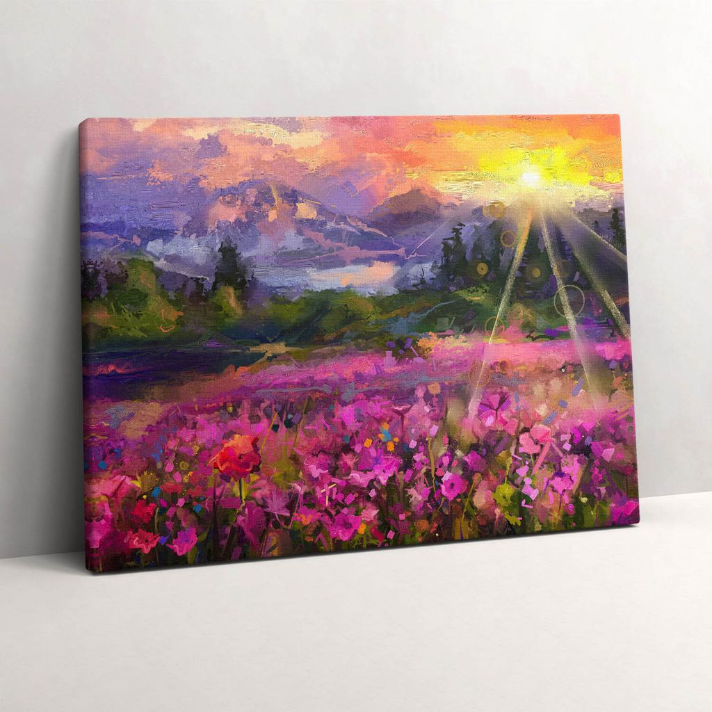 Wiese im Sonnenuntergang – Leinwandbild Wandbild – 80x60 cm – Leinwandbilder – Wandbilder – Schlafzimmer – Flur