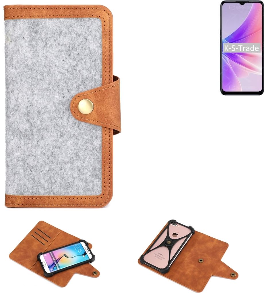 K-S-Trade Handyhülle kompatibel mit Oppo A77 5G Schutzhülle Filz-Hülle Kunst-Leder hellgrau braun (1x)