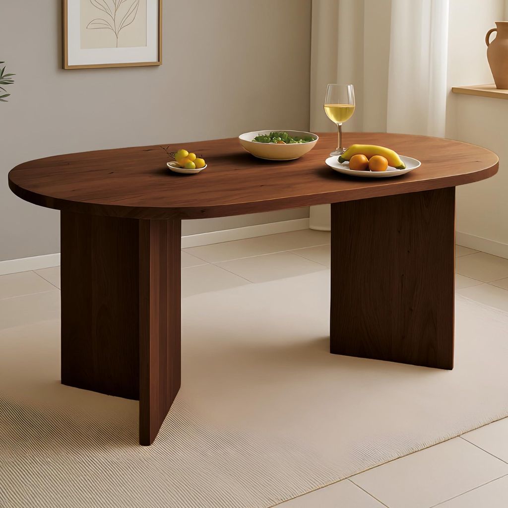 Esstisch Laurie | 160 x 90 cm | Akazienholz massiv | Farbe: Nussbaumfarben | Oval mit gerader Kante | V-Gestell Holz | Esszimmertisch/Küchentisch ...