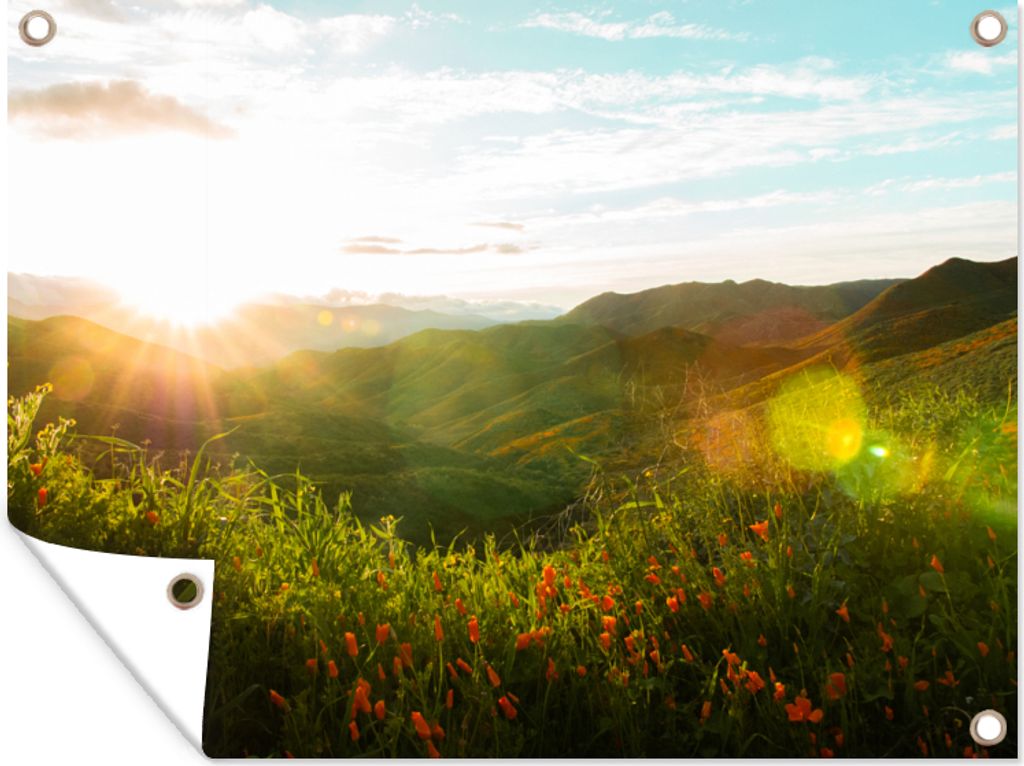 MuchoWow 40x30 cm Outdoor-Poster Gartendeko Sichtschutz Garten Poster für den Garten Hügel - Sonnenuntergang - Gras - Grün