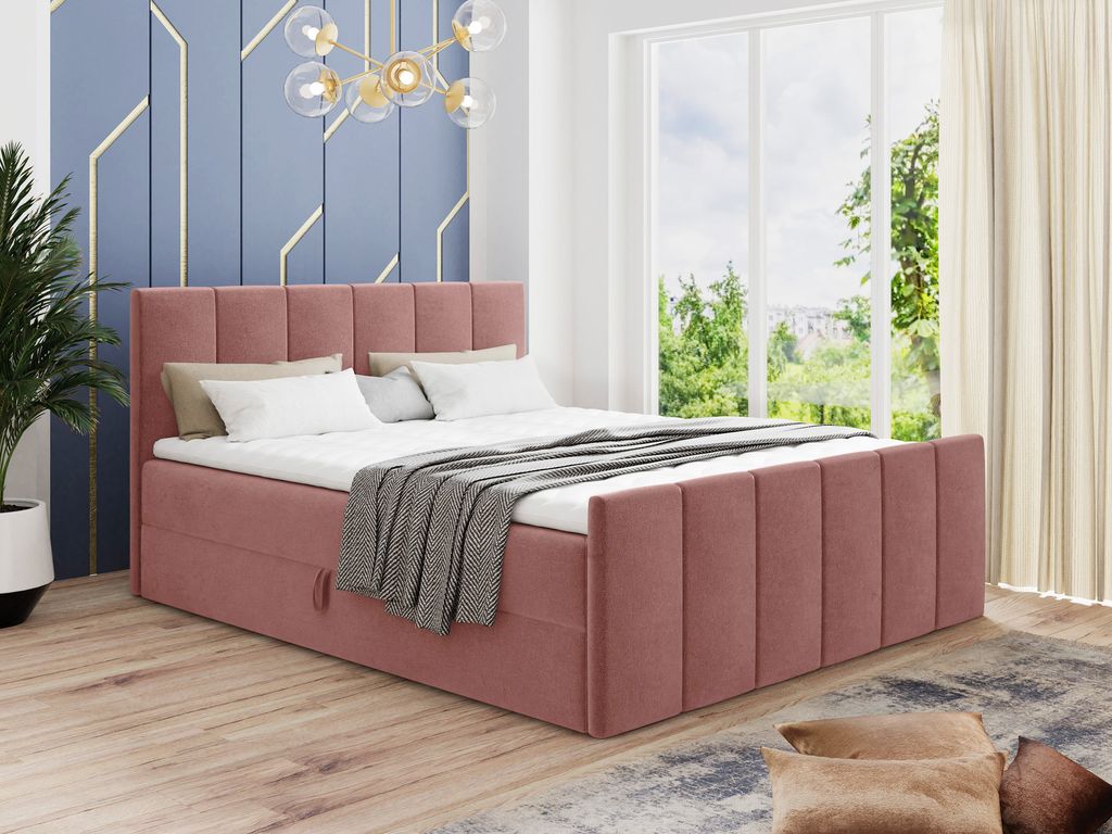 Boxspringbett Star Lux mit Fußteil, 2 Bettkästen und Matratzentopper - Doppelbett mit Topper, Bonell-Matratze, Polsterbett, Bett (Pink (Kronos 29...