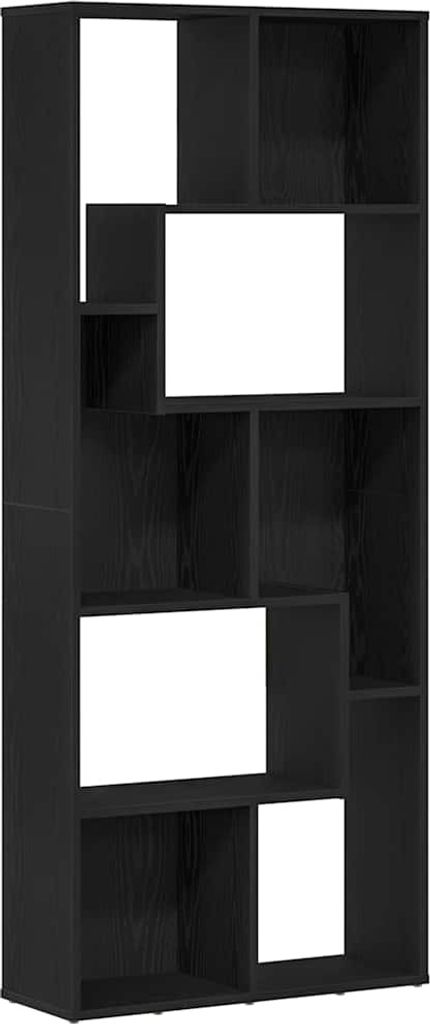A black bookshelf with multiple compartments of varying sizes.