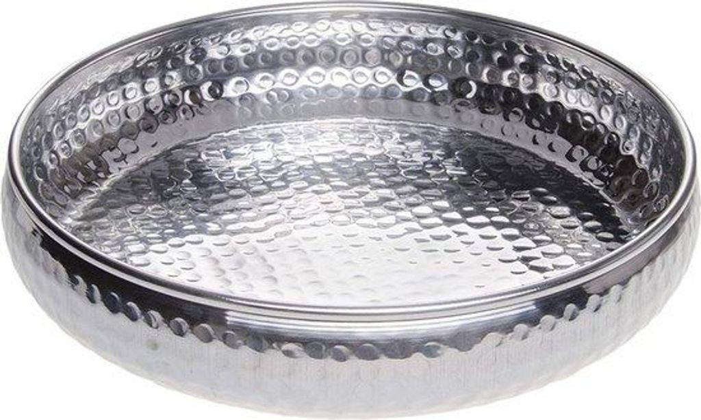 Ostasiisches runder Metallschalen, 34 cm groß, Silber | Marokkanisches Runddienblatt | Dekorative Tischplatte mit hohem Rand | Silberne Ostasiatis...