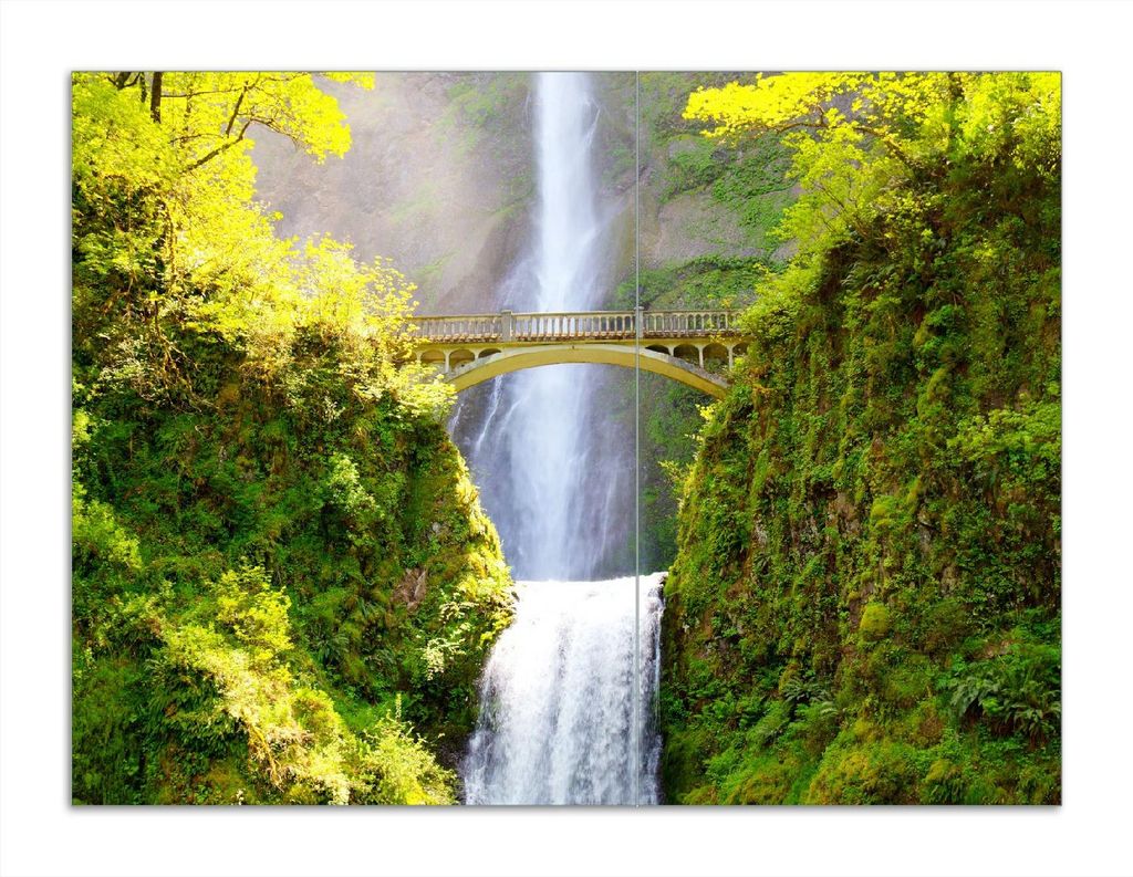 Wallario Herdabdeckplatte aus Glas, Größe 70 x 52 cm 2-teilig, Motiv Brücke über dem Wasserfall