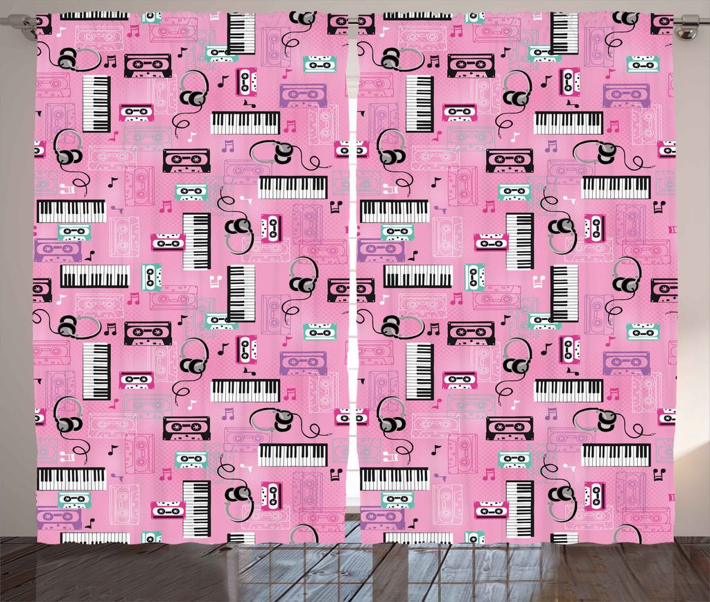 ABAKUHAUS Rosa Rustikaler Gardine, Musik-Thema Vintage Retro, Schlafzimmer Kräuselband Vorhang mit Schlaufen und Haken, 280 x 175 cm, Rosa