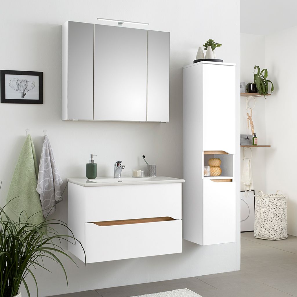 Badezimmer Set mit Keramik Waschbecken QUEIMADOS-66 in Weiß Glanz mit Weiß Hochglanz, B/H/T ca. 110/200/45 cm