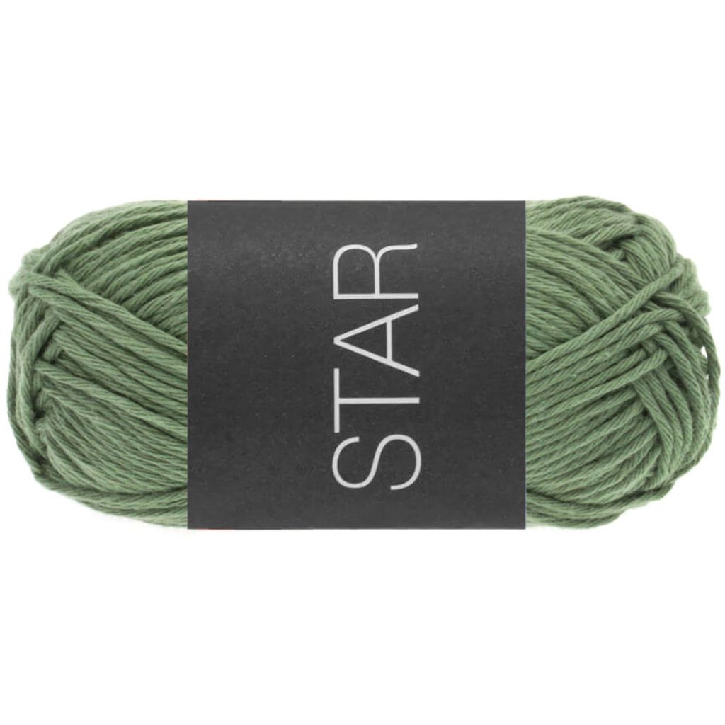 A ball of green yarn with a black label.