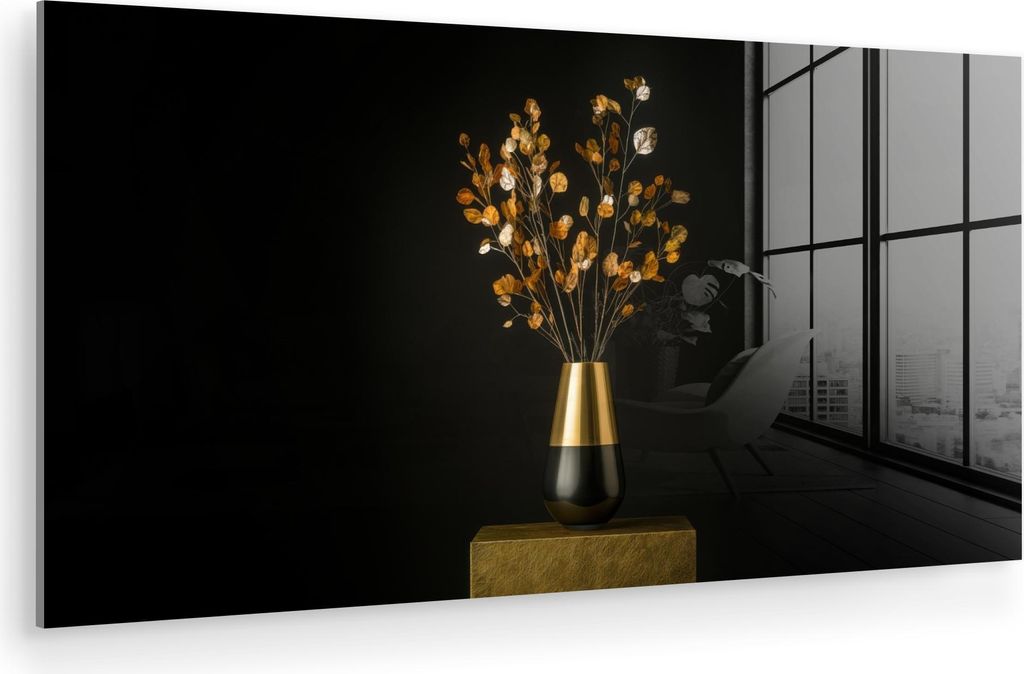 MuchoWow Glasbilder - Bilder auf Wandbild - Foto auf Glas Goldbraun - Blätter - Vase - Herbstlich 40x20 cm Wanddekoration aus Glas - Acrylglasbild...