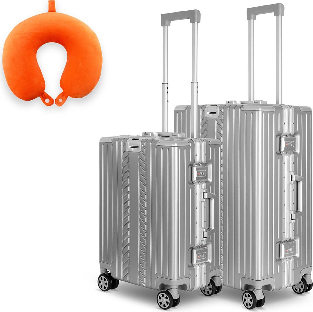 WINLIFE SPARSET Koffer M+L mit orangefarbenem Nackenkissen 53cm Handgepäck 65cm Check-in-Trolley ABS Alu-Rahmen TSA-Schloss robust & leicht Silber