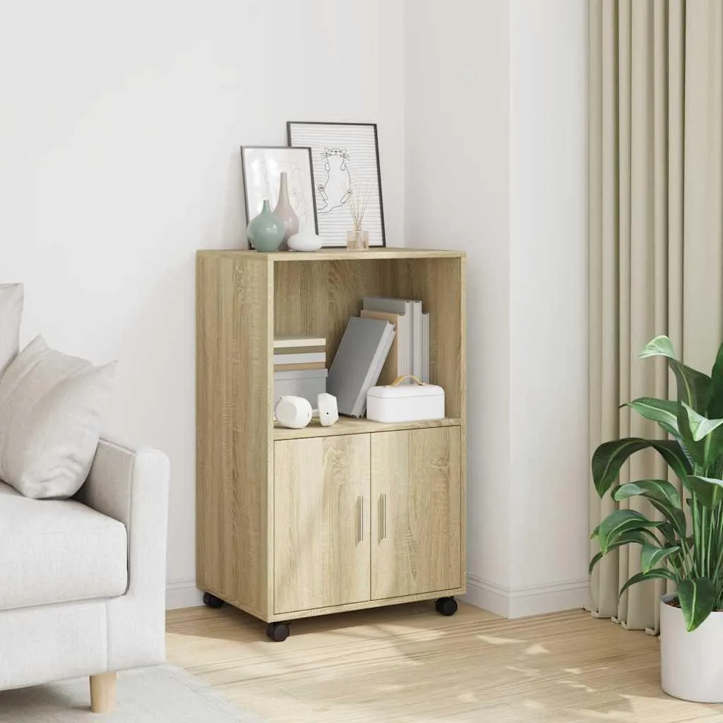 Petit buffet à roulettes en bois Chêne Sonoma 55 cm de large avec étagères
