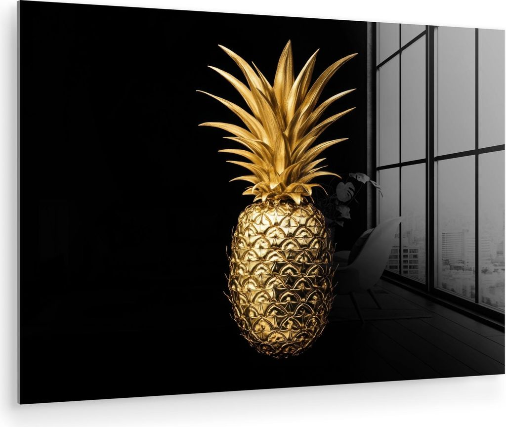 MuchoWow Glasbilder - Bilder auf Wandbild - Foto auf Glas Ananas - Schwarz - Gold - Luxus 90x60 cm Wanddekoration aus Glas - Acrylglasbild - Acrylb...