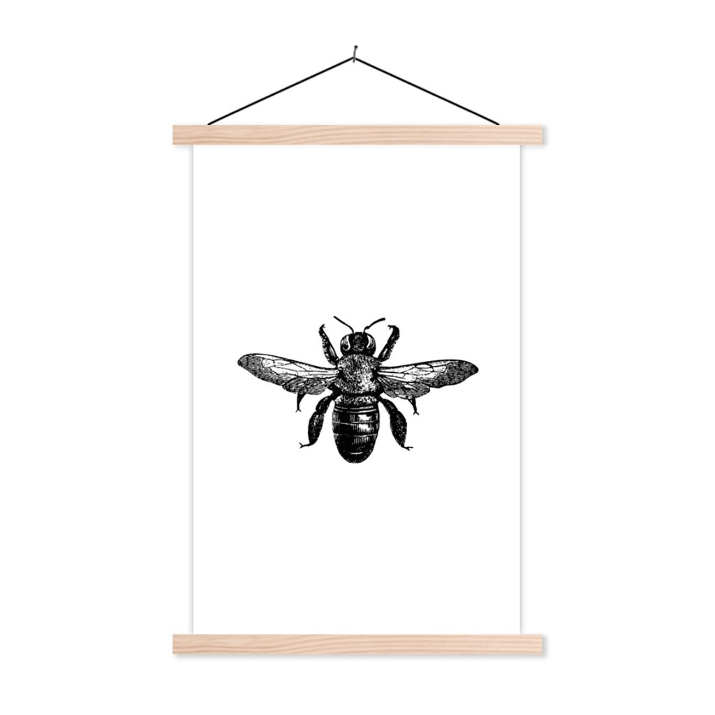 MuchoWow Textilposter Biene - Insekt - Vintage - Schwarz und weiß 60x90 cm mit holzfarbenen Rahmen - Textil