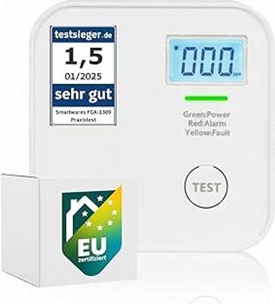 Smartwares CO-Melder - 10-Jahres-Batterie - LED-Bildschirm & Anzeige - Testknopf - FGA-13091
