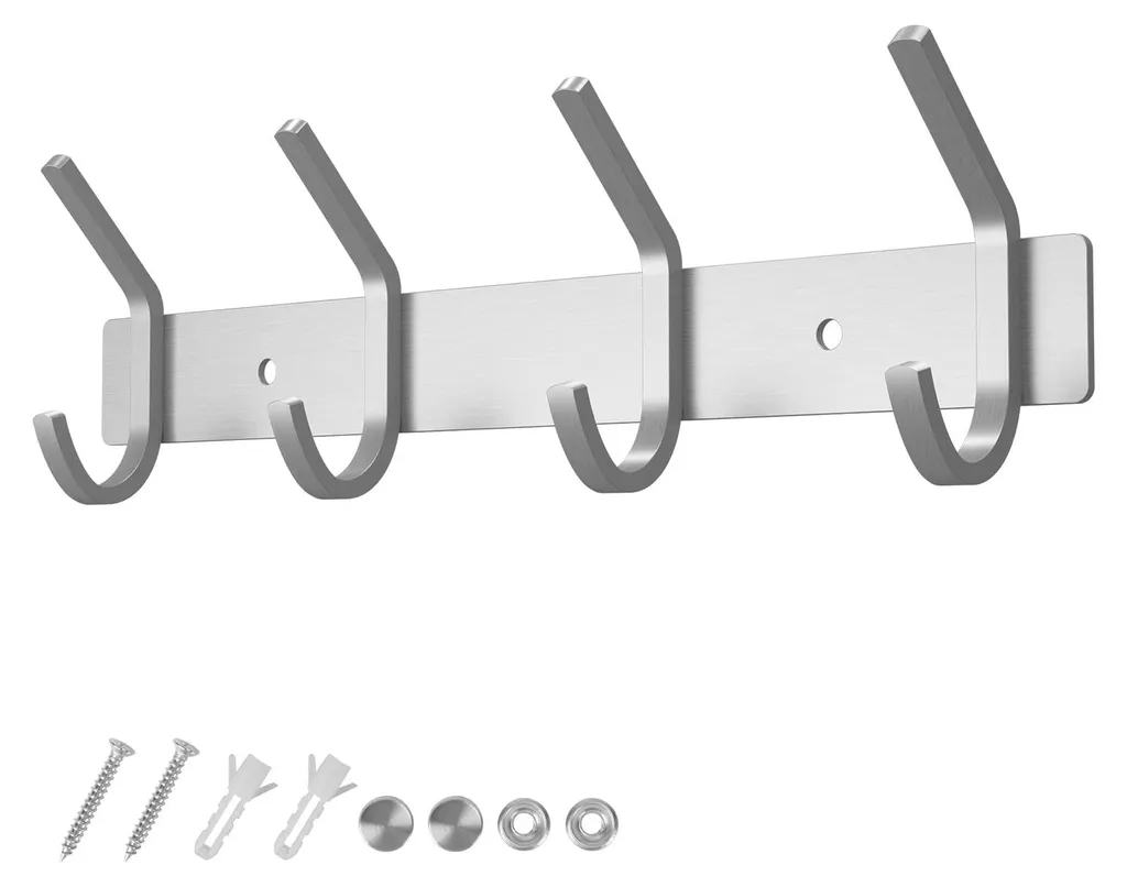 Patère murale 4 crochets inox brossé - Support vêtements entrée 27 cm