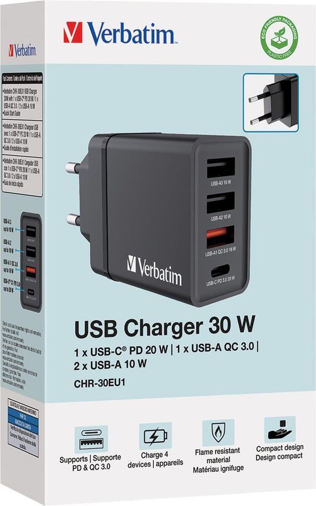 Verbatim Ladeadapter CHR-30EU1 30W GaN schwarz 2x USB-A 1x USB-A QC 1x USB-C PD Retail