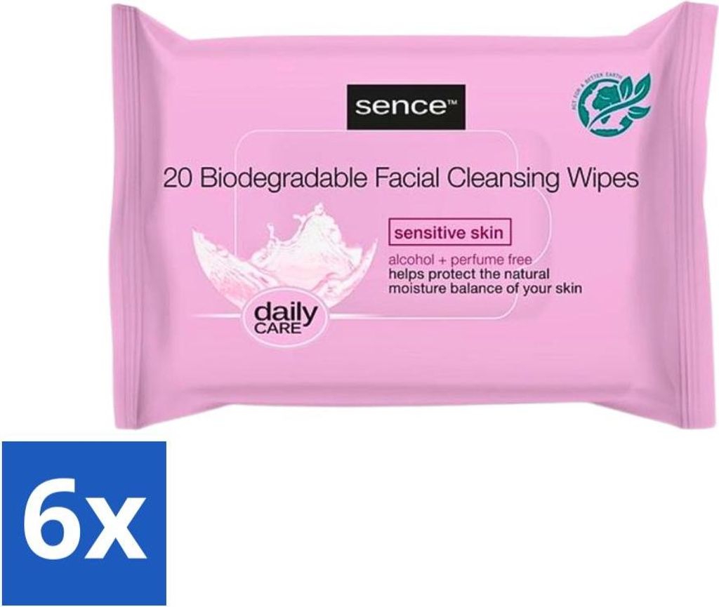 Sence - Empfindliche Haut - Gesichtsreinigungstücher - Milde Reinigung - 20 Tücher - Vorteilspack - 6 Stücke